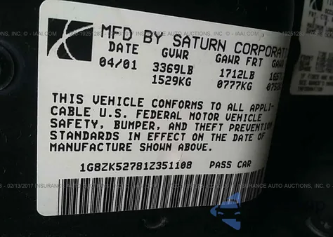 2001 Saturn Sl Base (A4) из США, поврежденный, VIN 1G8ZK52781Z351108